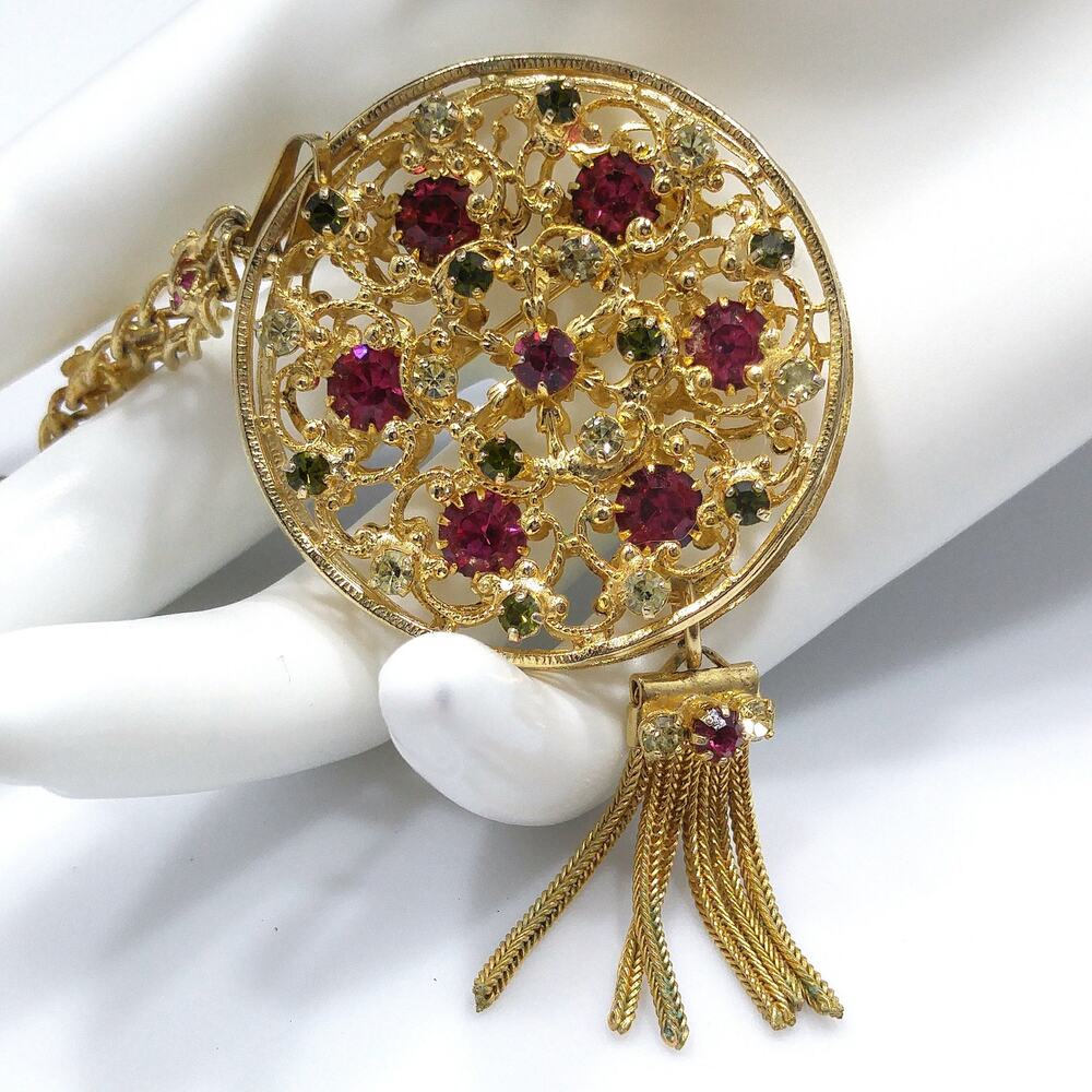 Mid-century Filigree Rhinestone Pendant Necklace, Multicolored Rhinestone Brooch